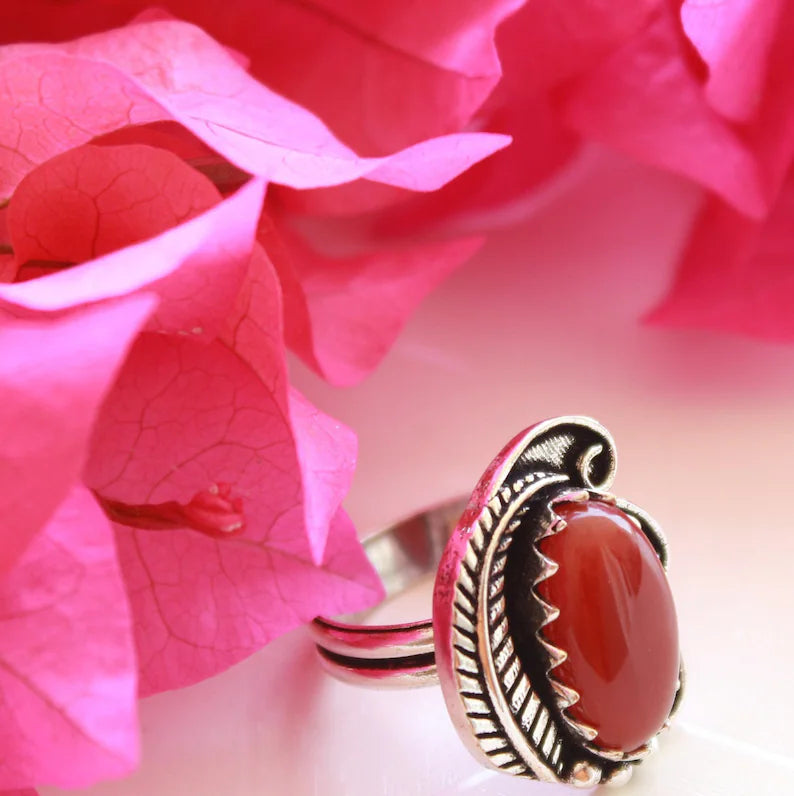 Red Coral Natural Gemstone Signet Handcrafted Ring