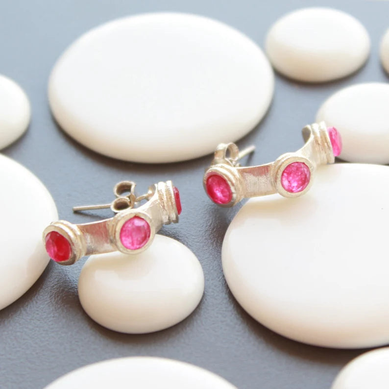 Synthetic Ruby Gemstone Handcrafted Stud Earrings
