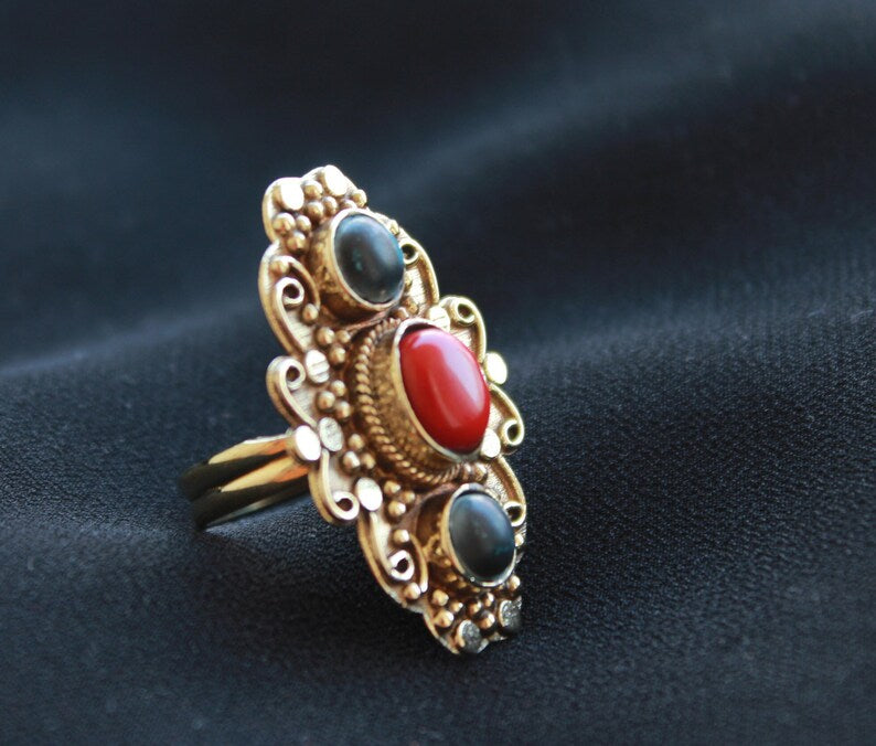 Natural Red Onyx And Malachite Three Gemstone Ring