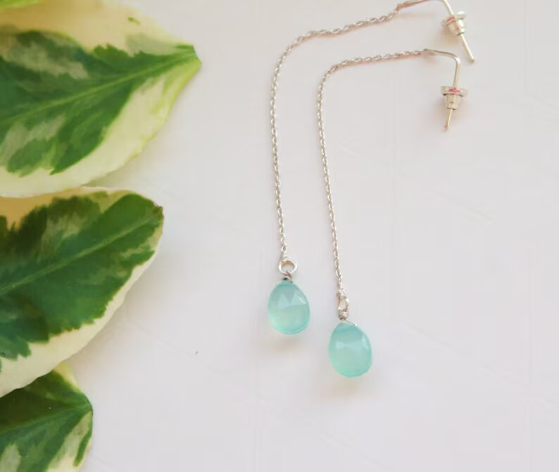 Aquamarine Dangling Theader Gemstone Drop Earrings