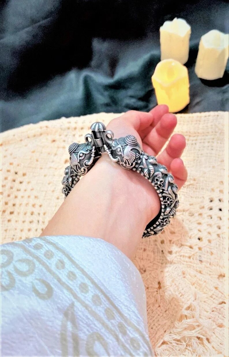 Antique Polished Elephant Kada German Silver Bangle