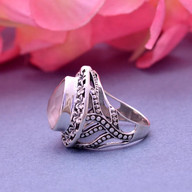 Natural Rose Quartz Birthstone Statement Handcrafted Ring