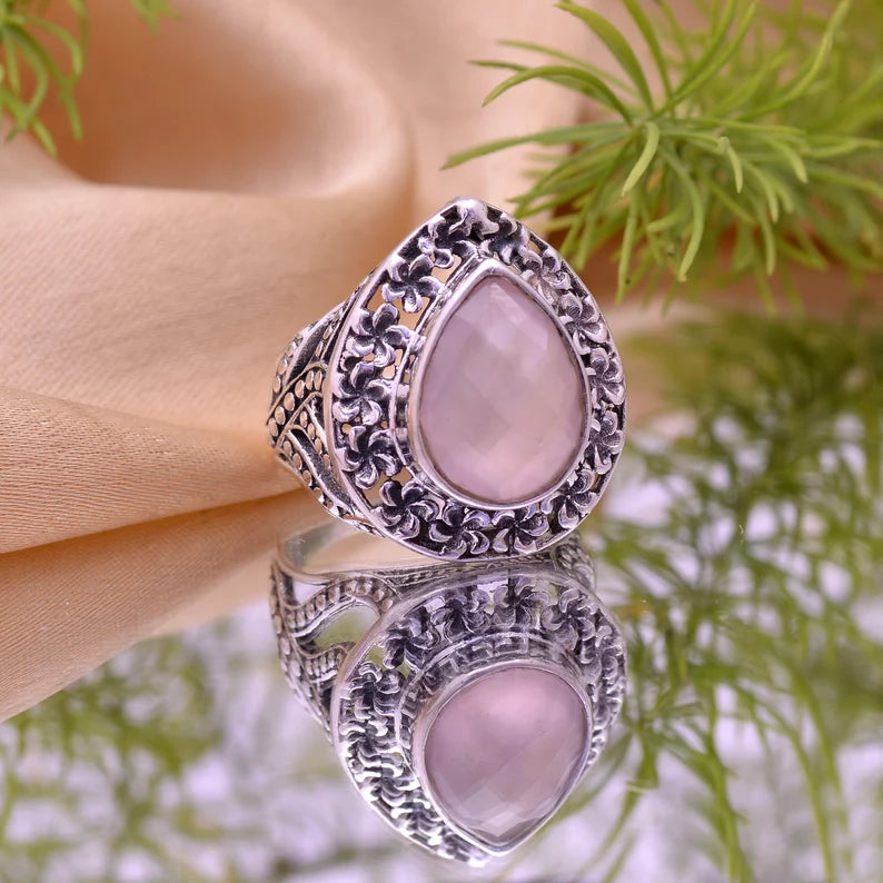 Natural Rose Quartz Birthstone Statement Handcrafted Ring