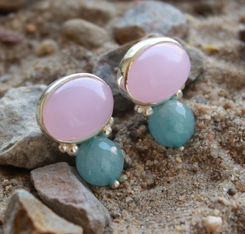 Rose Quartz And Aquamarine Gemstone Handcrafted Stud Earrings
