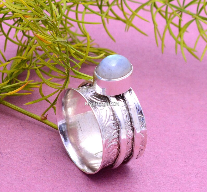 Rainbow Moonstone Handmade Dual Spinner Ring