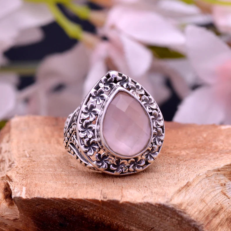 Natural Rose Quartz Birthstone Statement Handcrafted Ring
