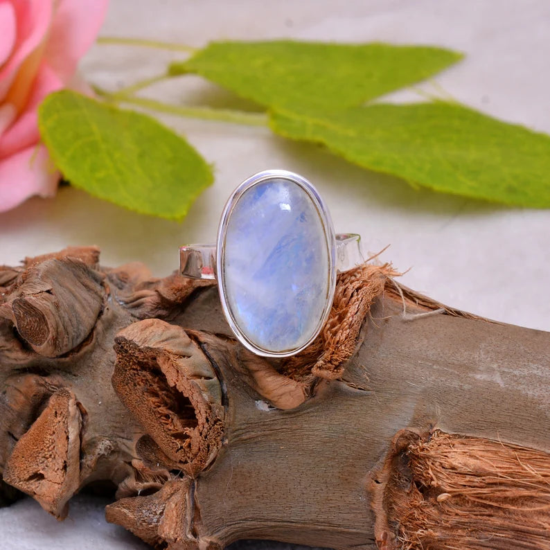 Oval Shaped Rainbow Moonstone Handcrafted Statement Ring
