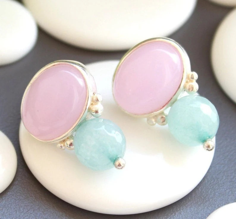 Rose Quartz And Aquamarine Gemstone Handcrafted Stud Earrings