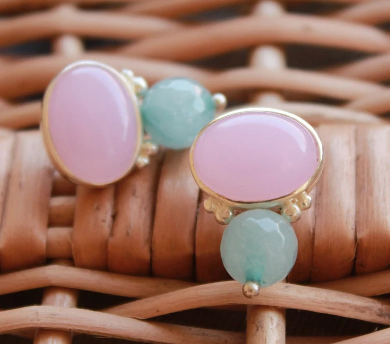 Rose Quartz And Aquamarine Gemstone Handcrafted Stud Earrings