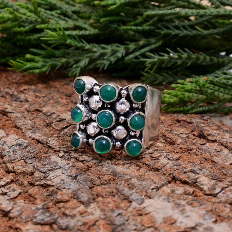 Wide Band Nine Stone Green Onyx Gemstone Statement Ring