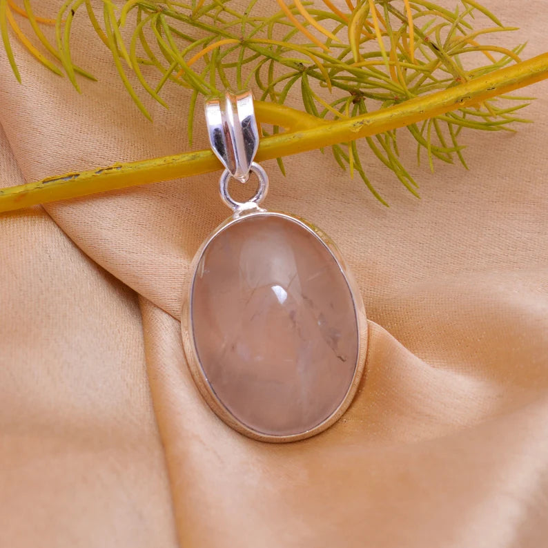 Natural Rose Quartz 925 Sterling Silver Oval Pendant