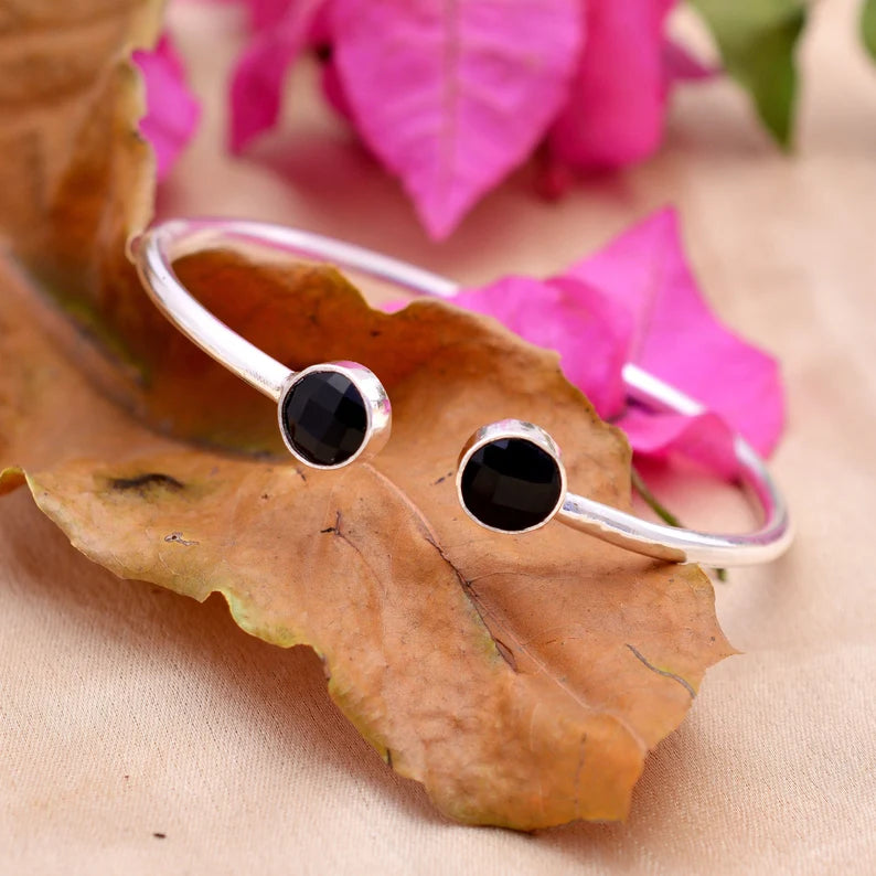 Black Onyx 925 Sterling Silver Adjustable Bangle