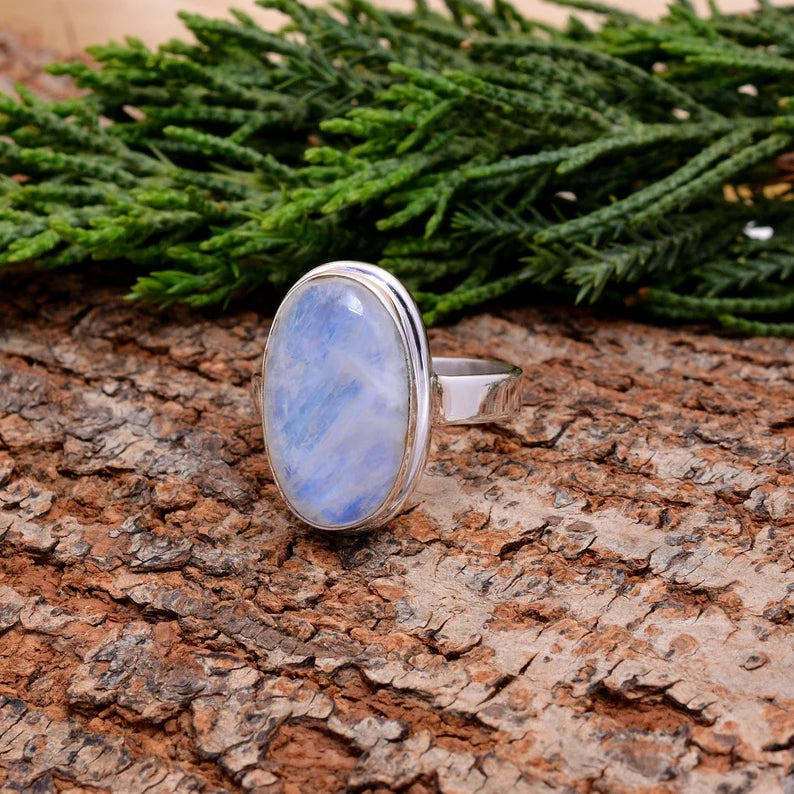 Oval Shaped Rainbow Moonstone Handcrafted Statement Ring