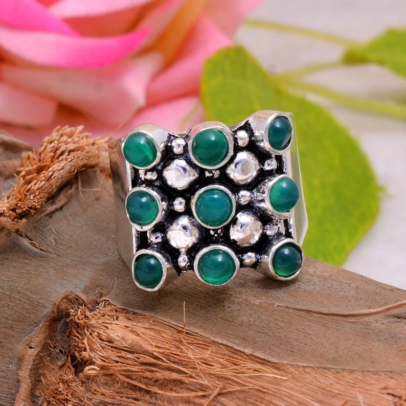 Wide Band Nine Stone Green Onyx Gemstone Statement Ring