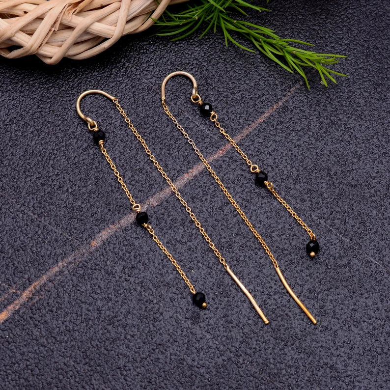 Black Onyx Gemstone Long Chain Thread Earrings