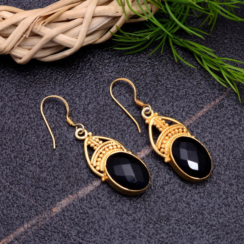 Black Onyx Gemstone Handcrafted Drop Earrings