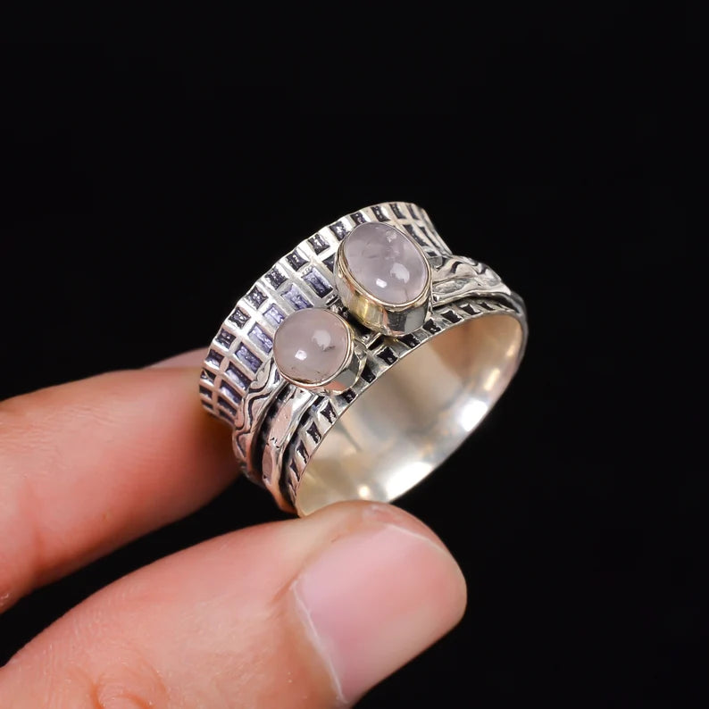 Natural Rose Quartz Spinner Oxidized Ring
