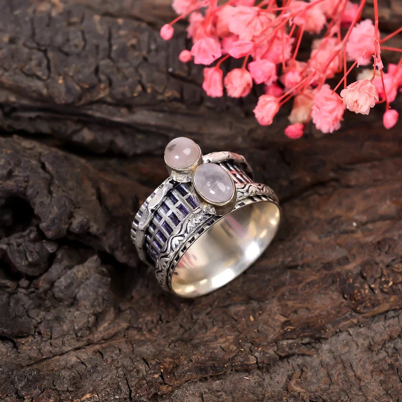 Natural Rose Quartz Spinner Oxidized Ring