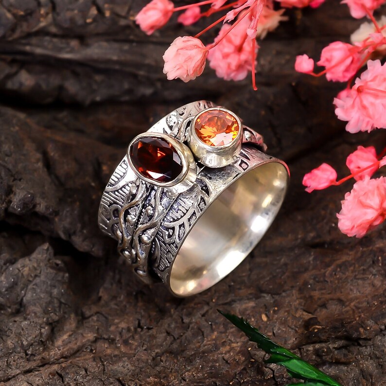 Garnet And Cubic Zirconia Gemstone Spinner Ring