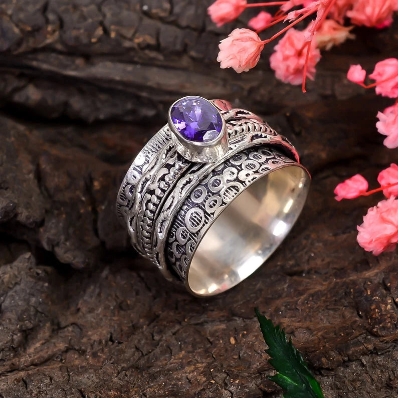 Iolite Gemstone Sterling Silver Spinner Ring