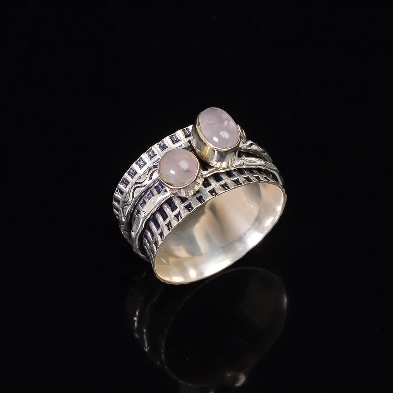 Natural Rose Quartz Spinner Oxidized Ring