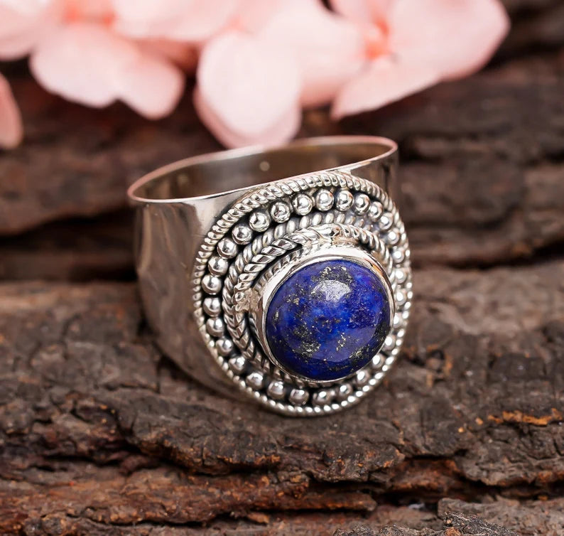 Lapis Lazuli Gemstone Wide Band Meditation Signet Ring