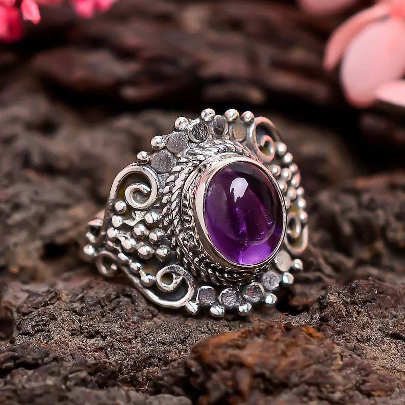 Natural Labradorite And Amethyst Handmade Birthstone Ring
