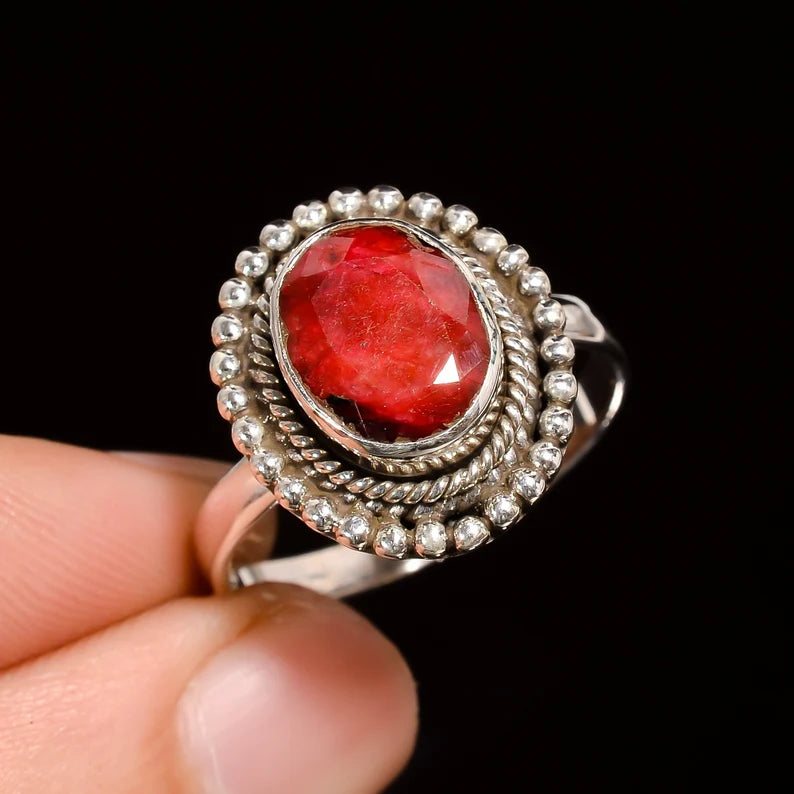 Synthetic Ruby Gemstone Handcrafted Birthstone Ring
