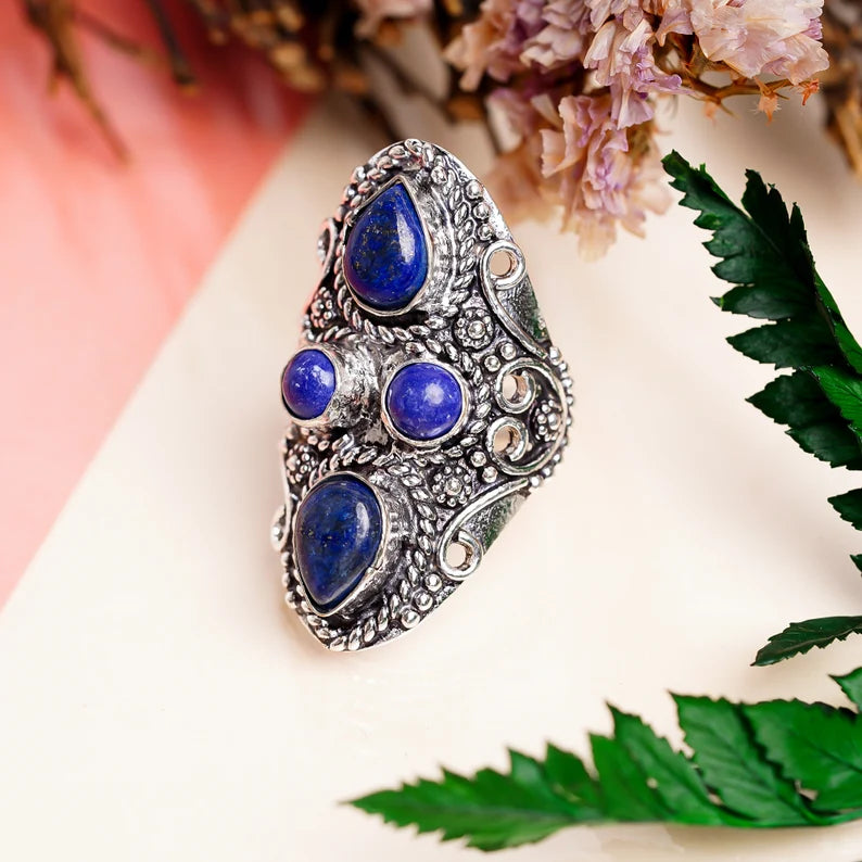 Vintage Oxidized Turquoise, Lapis Lazuli & Carnelian Signet Ring
