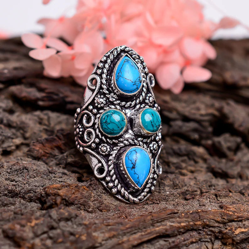 Vintage Oxidized Turquoise, Lapis Lazuli & Carnelian Signet Ring
