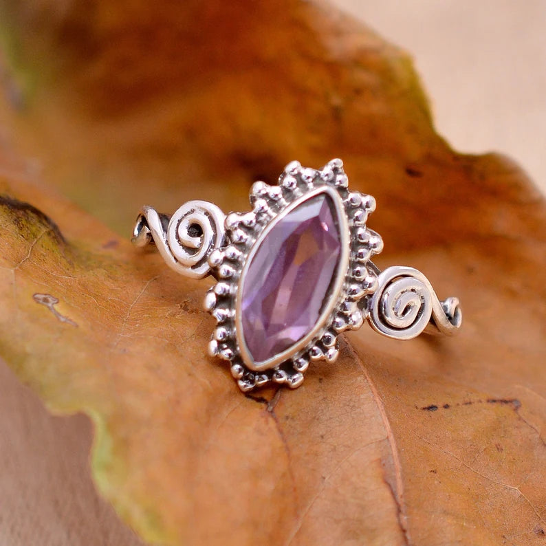 Marquise Amethyst Gemstone Signet Birthstone Ring