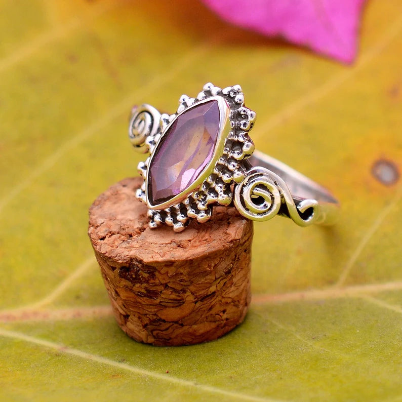 Marquise Amethyst Gemstone Signet Birthstone Ring