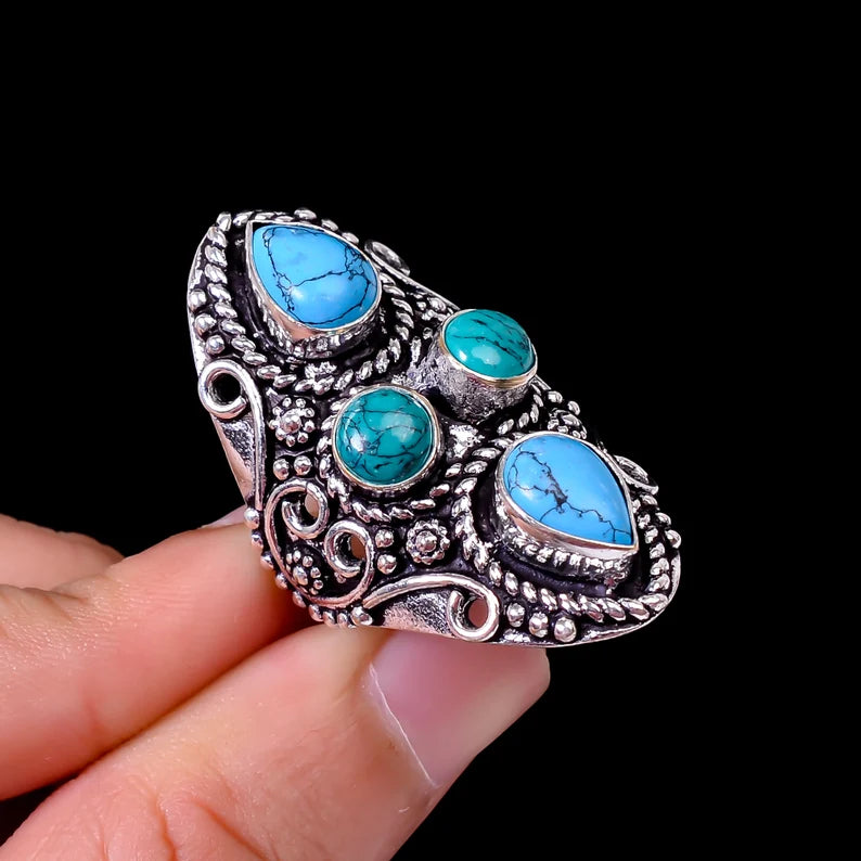 Vintage Oxidized Turquoise, Lapis Lazuli & Carnelian Signet Ring