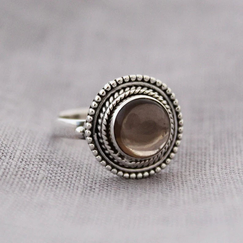 Green Onyx And Smokey Quartz Handcrafted Birthstone Ring