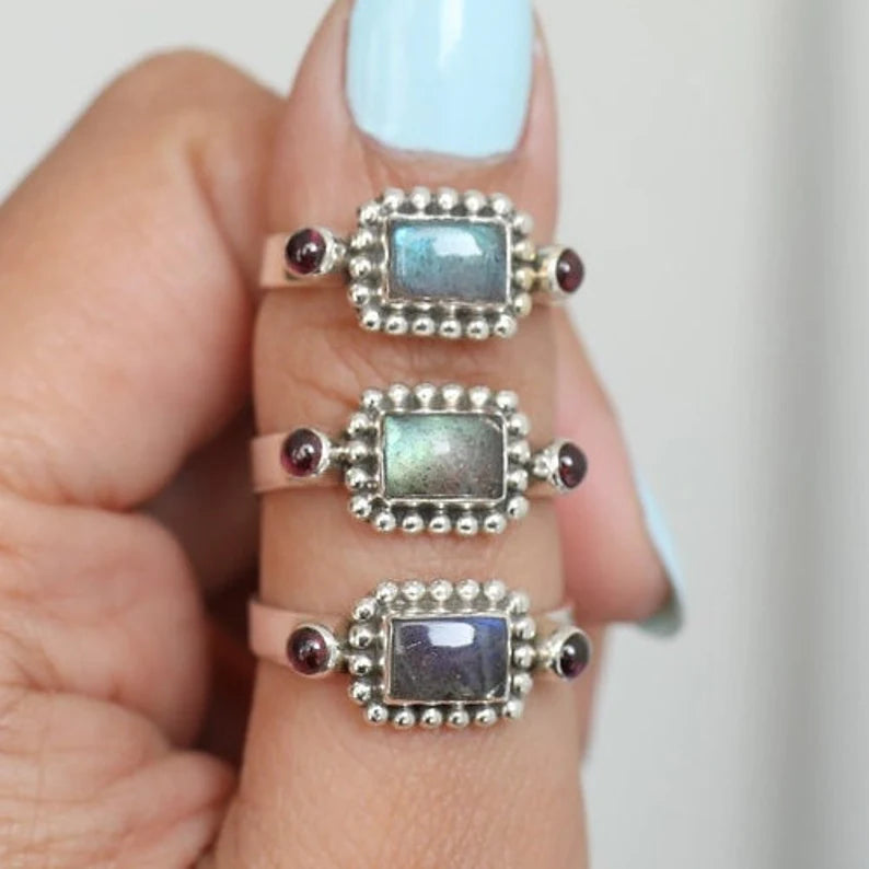 Labradorite And Garnet Gemstone Handcrafted Statement Ring