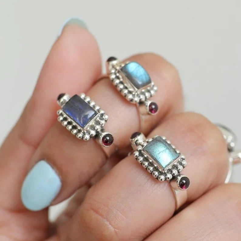 Labradorite And Garnet Gemstone Handcrafted Statement Ring