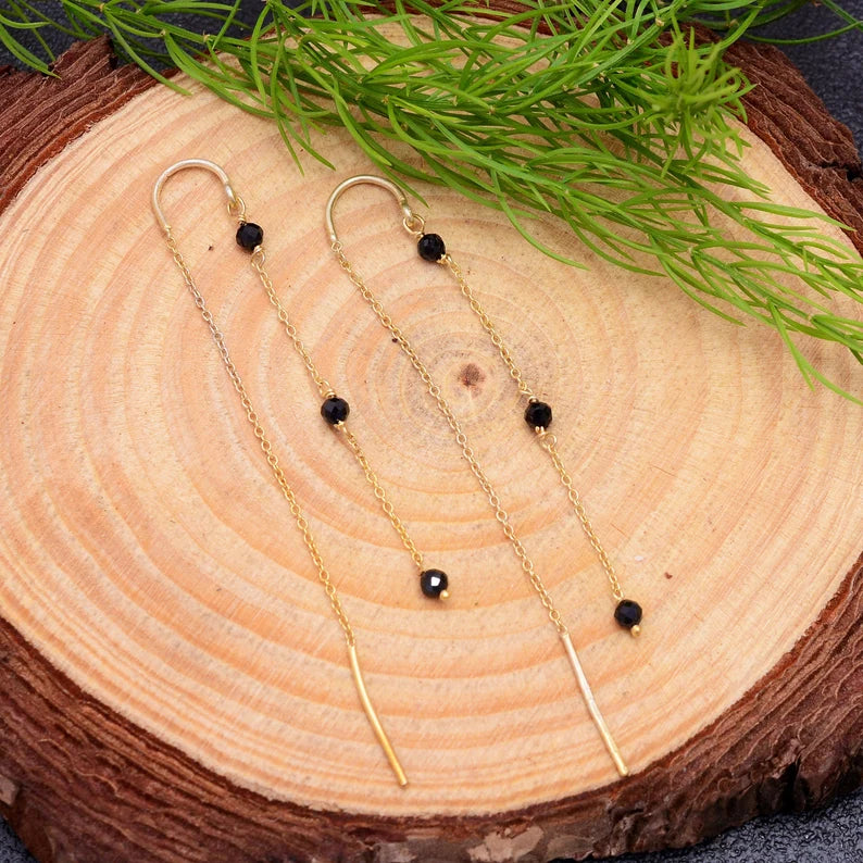 Black Onyx Gemstone Long Chain Thread Earrings