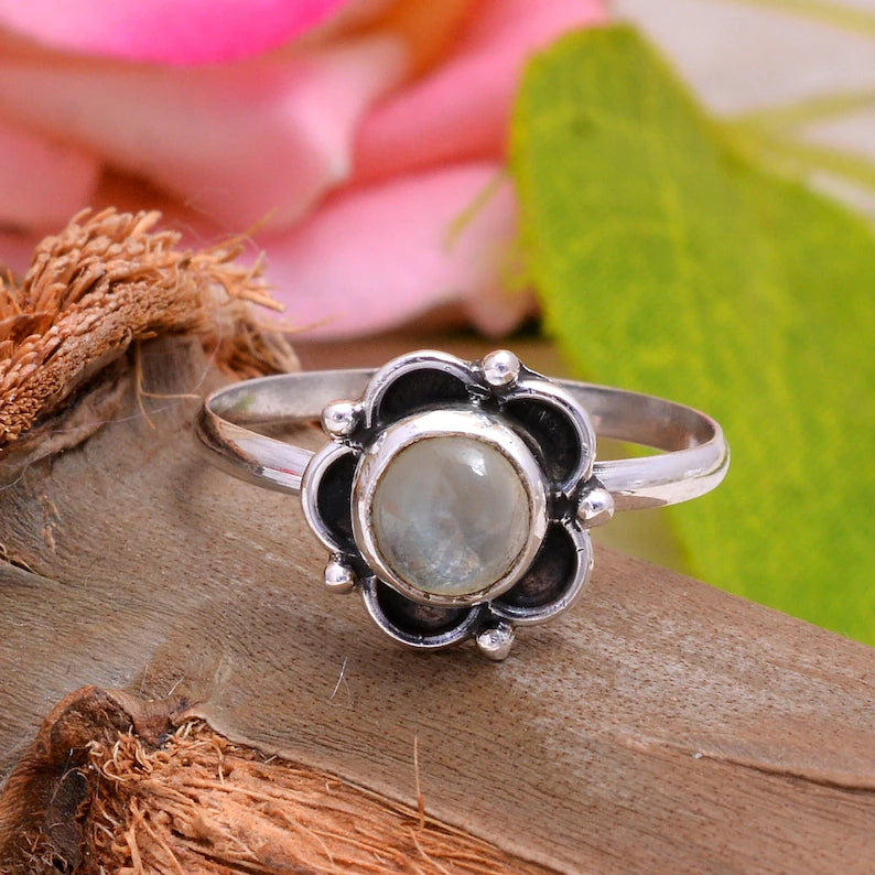 Rainbow Moonstone Antique Flower Shaped Birthstone Ring