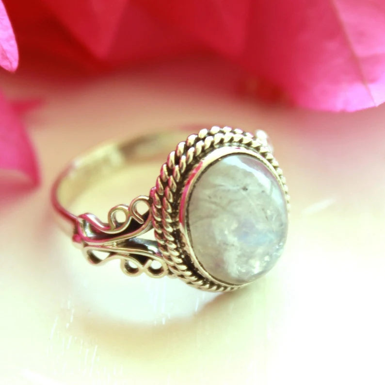 Rainbow Moonstone Gemstone Handcrafted Statement Ring