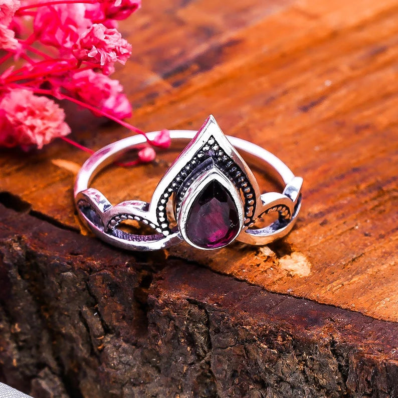 Garnet Gemstone Engagement Worry Handcrafted Crown Ring