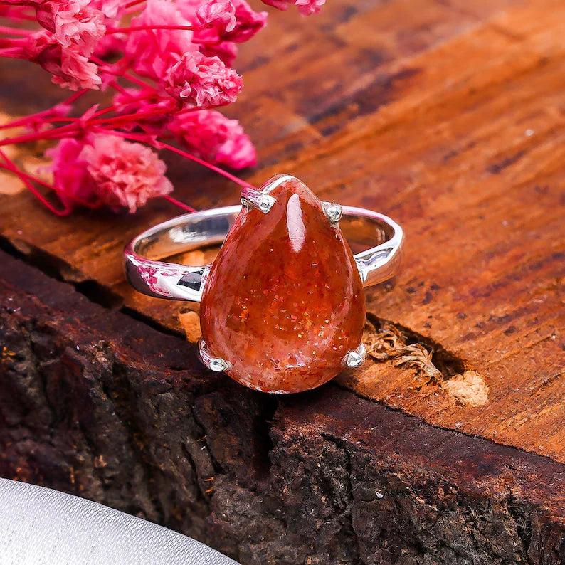 Genuine Sunstone Engagement Promise Birthstone Ring