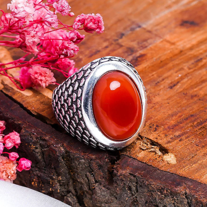 Carnelian Gemstone Large Stone Signet Handcrafted Ring