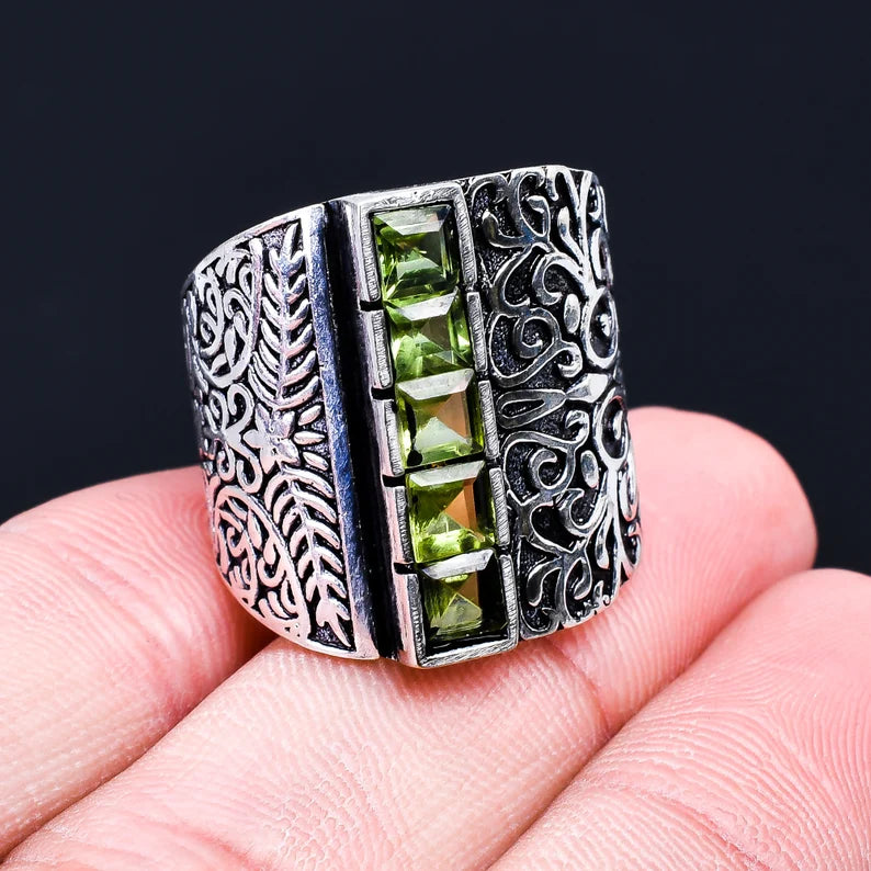Peridot Gemstone Textured Wide Band Handcrafted Ring