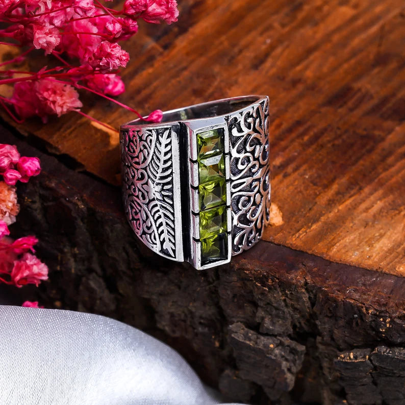 Peridot Gemstone Textured Wide Band Handcrafted Ring