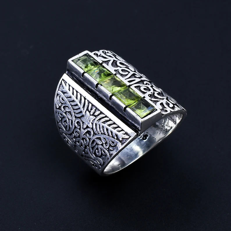 Peridot Gemstone Textured Wide Band Handcrafted Ring