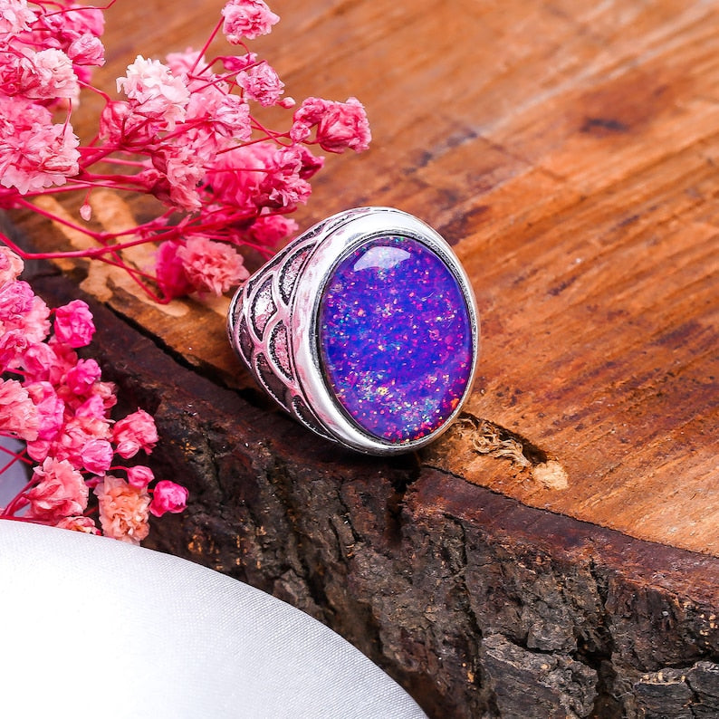 Synthetic Opal Gemstone Oval Statement Ring