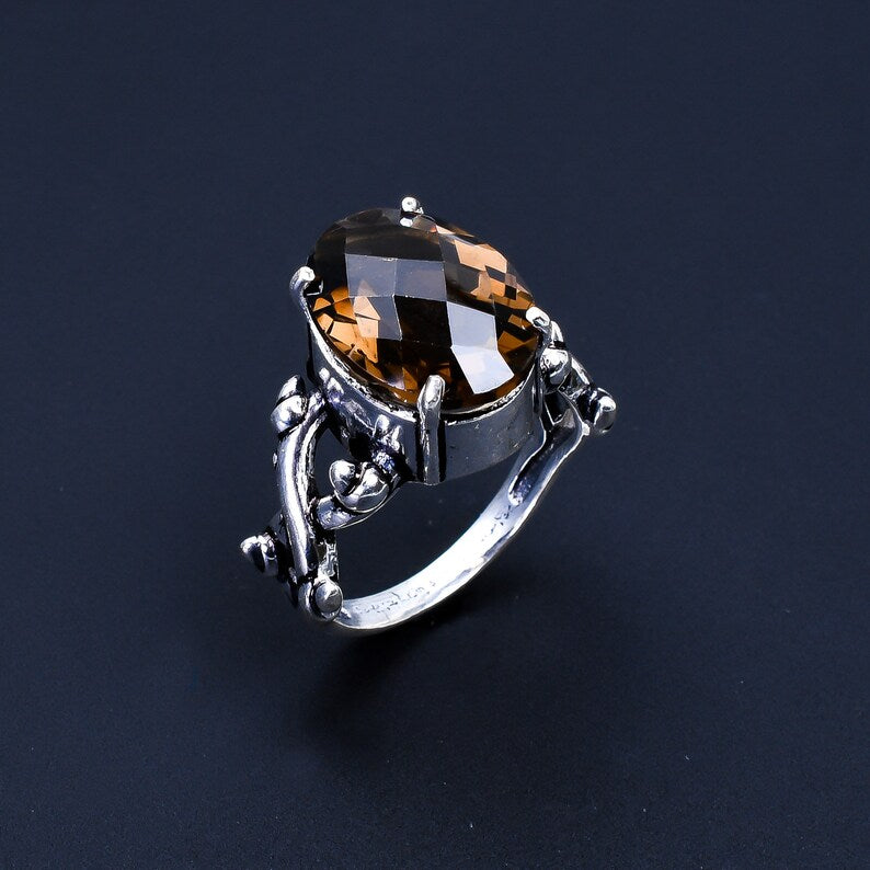 Smokey Quartz Gemstone Cut Stone Handcrafted Statement Ring