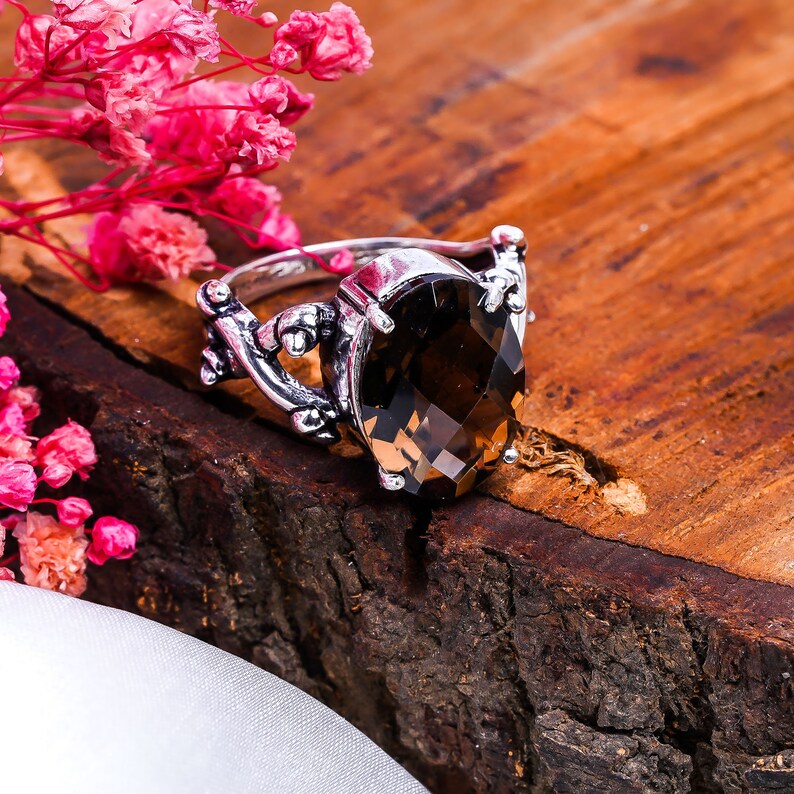 Smokey Quartz Gemstone Cut Stone Handcrafted Statement Ring