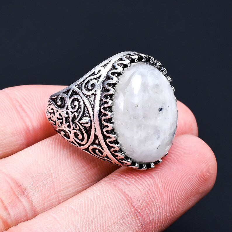 Blue Flash Rainbow Moonstone Gemstone Ring
