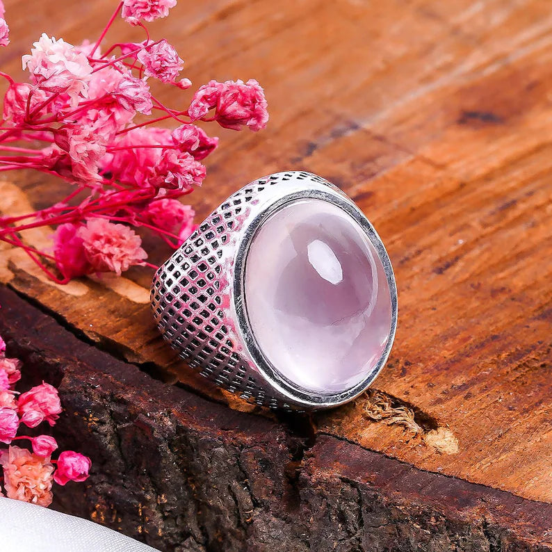 Rose Quartz Birthstone Gemstone Signet Ring